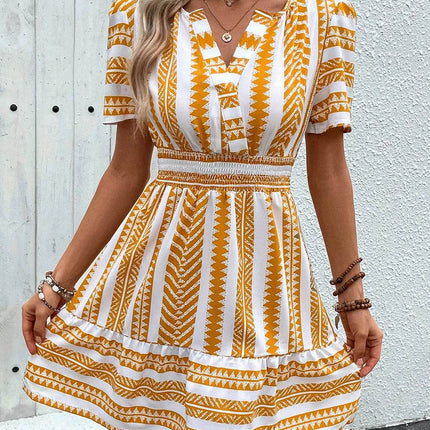 Perfee Geometric Notched Short Sleeve Mini Dress - MimiStylez