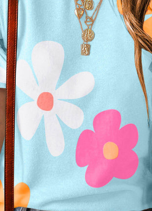 Flower Round Neck Short Sleeve Blouse - MimiStylez