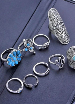 Alloy Turquoise 9-Piece Ring Set - MimiStylez