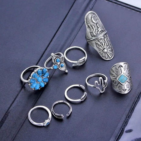 Alloy Turquoise 9-Piece Ring Set - MimiStylez