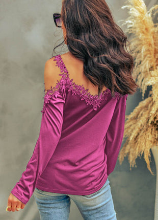 Lace Detail Cold Shoulder Long Sleeve T-Shirt - MimiStylez