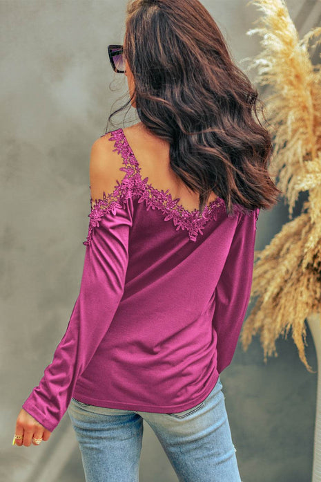 Lace Detail Cold Shoulder Long Sleeve T-Shirt - MimiStylez