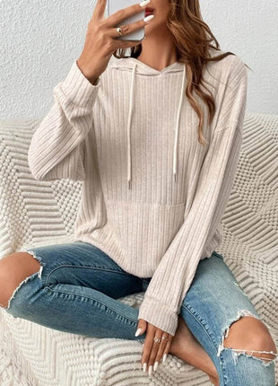 Ribbed Dropped Shoulder Drawstring Hoodie - MimiStylez