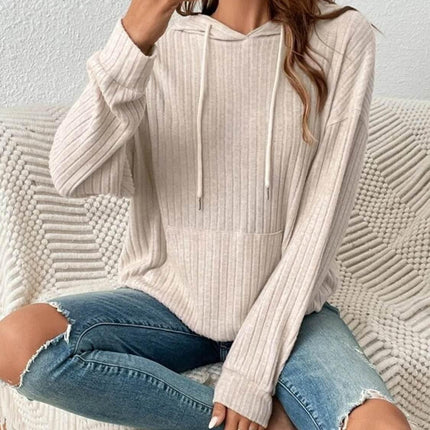 Ribbed Dropped Shoulder Drawstring Hoodie - MimiStylez