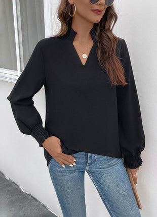 Smocked Notched Long Sleeve Blouse - MimiStylez
