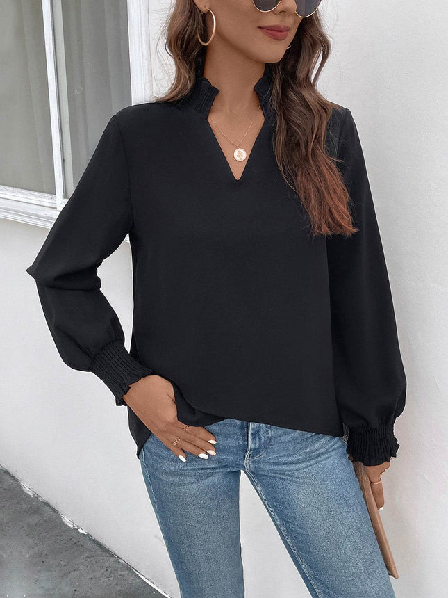 Smocked Notched Long Sleeve Blouse - MimiStylez