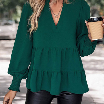 Notched Neck Lantern Sleeve Blouse - MimiStylez