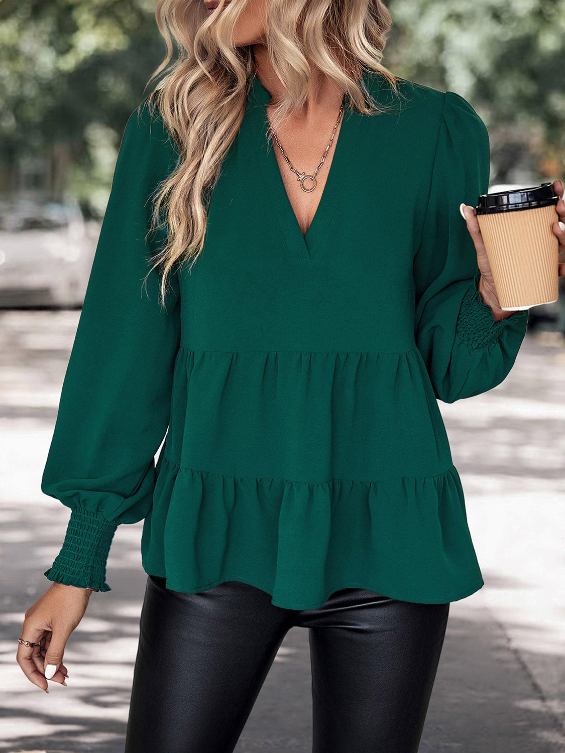 Notched Neck Lantern Sleeve Blouse