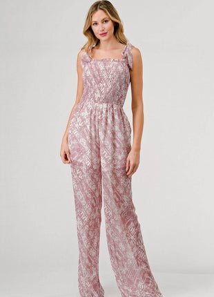 GeeGee Printed Tie Shoulder Wide Leg Jumpsuit - MimiStylez