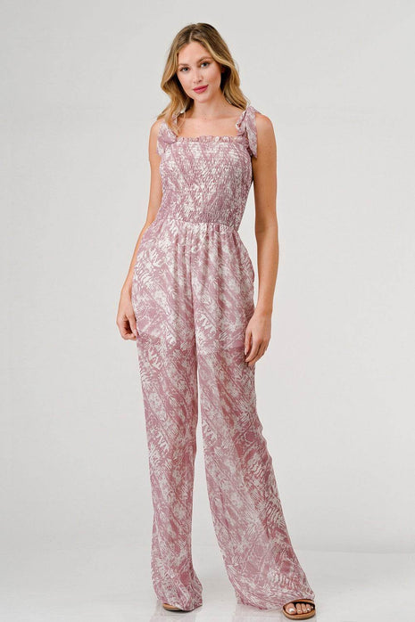 GeeGee Printed Tie Shoulder Wide Leg Jumpsuit - MimiStylez