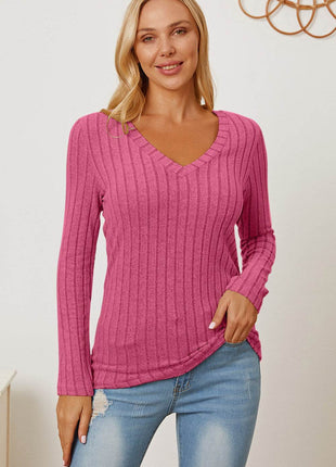 Basic Bae Full Size Ribbed V-Neck Long Sleeve T-Shirt - MimiStylez