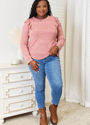 Double Take Ruffle Shoulder Long Sleeve T-Shirt - MimiStylez