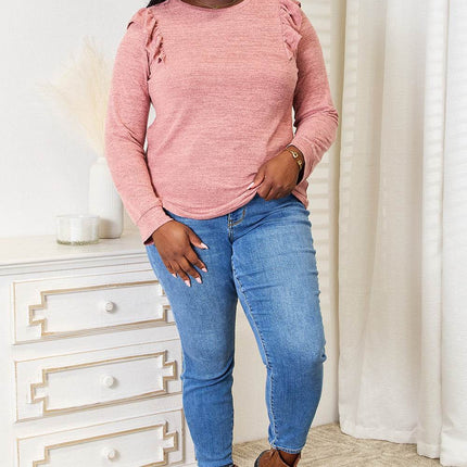 Double Take Ruffle Shoulder Long Sleeve T-Shirt - MimiStylez