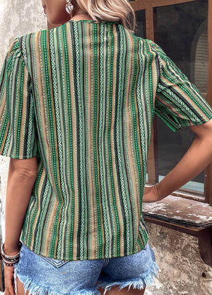 Printed V-Neck Button-Up Short Sleeve Top - MimiStylez