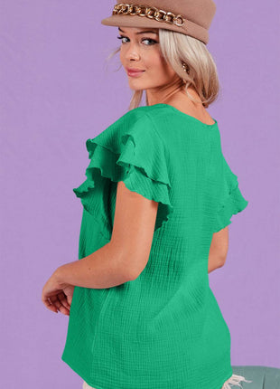 BiBi Ruffle Sleeve Wrinkled Cotton Gauze Top - MimiStylez