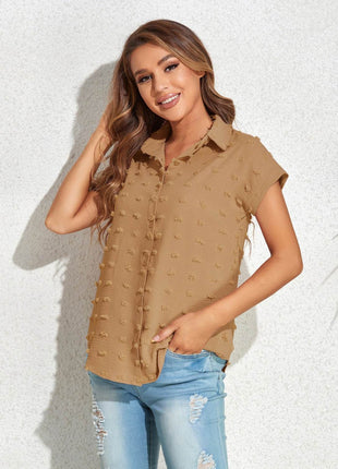 Swiss Dot Button Up Cap Sleeve Shirt - MimiStylez