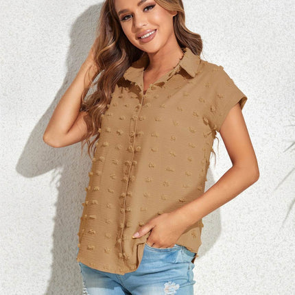 Swiss Dot Button Up Cap Sleeve Shirt - MimiStylez