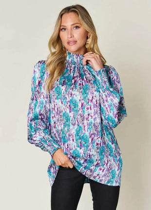 Double Take Full Size Printed Smocked Long Sleeve Blouse - MimiStylez