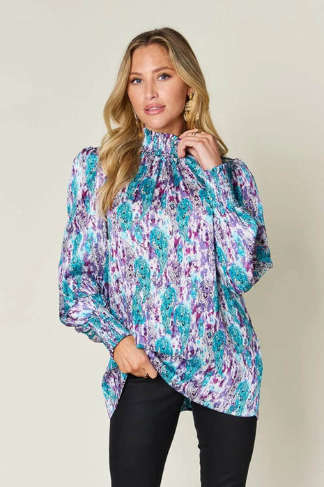 Double Take Full Size Printed Smocked Long Sleeve Blouse - MimiStylez