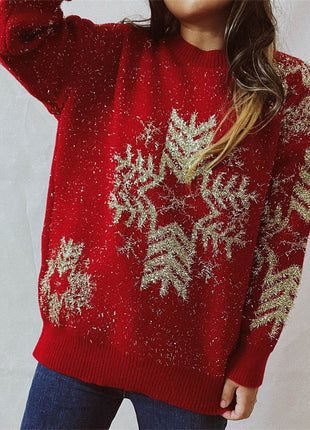 Snowflake Pattern Long Sleeve Sweater - MimiStylez
