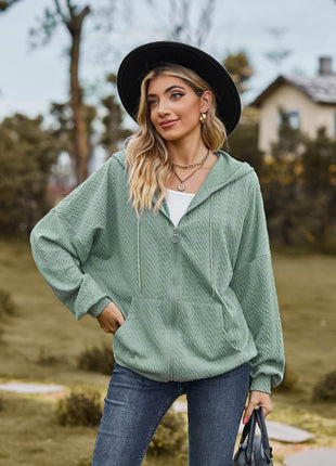 Zip Up Drawstring Long Sleeve Hooded Jacket - MimiStylez