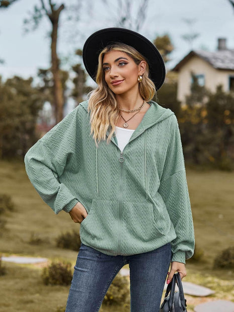 Zip Up Drawstring Long Sleeve Hooded Jacket - MimiStylez