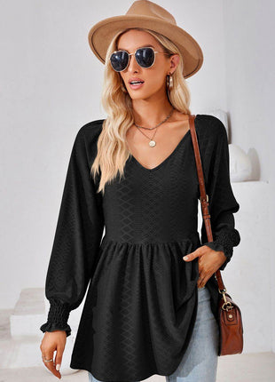 V-Neck Lantern Sleeve Blouse - MimiStylez