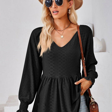 V-Neck Lantern Sleeve Blouse - MimiStylez