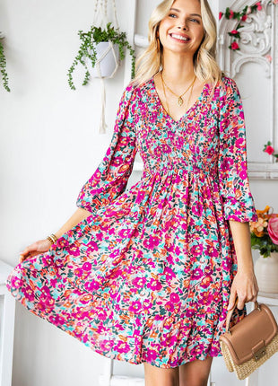 Floral Smocked V-Neck Flounce Sleeve Dress - MimiStylez