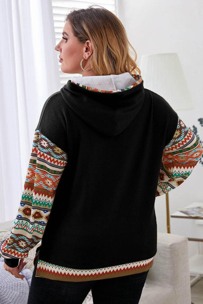 Plus Size Waffle-Knit Geometric Dropped Shoulder Hoodie - MimiStylez