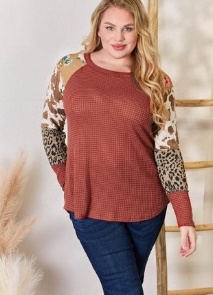 Hailey & Co Full Size Leopard Waffle-Knit Blouse - MimiStylez