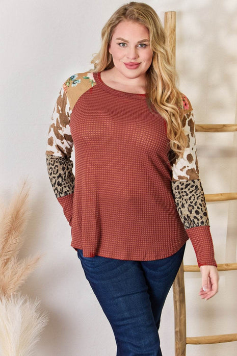 Hailey & Co Full Size Leopard Waffle-Knit Blouse - MimiStylez