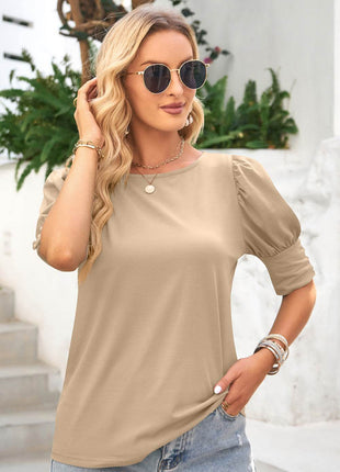 Round Neck Lantern Sleeve Blouse - MimiStylez