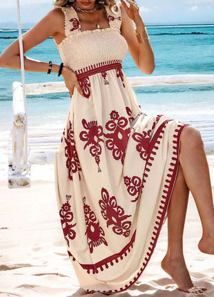 Smocked Printed Wide Strap Maxi Dress - MimiStylez