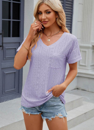Eyelet V-Neck Short Sleeve T-Shirt - MimiStylez
