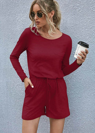 Drawstring Waist Long Sleeve Romper - MimiStylez