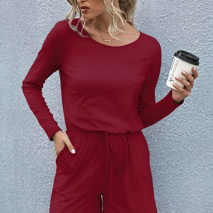 Drawstring Waist Long Sleeve Romper - MimiStylez