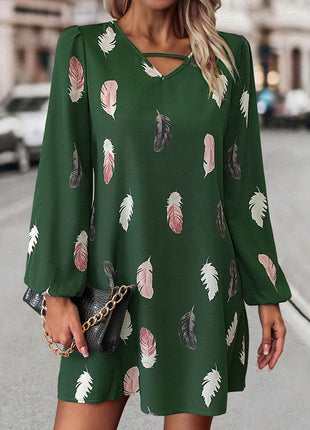 Feather Print V-Neck Dress - MimiStylez