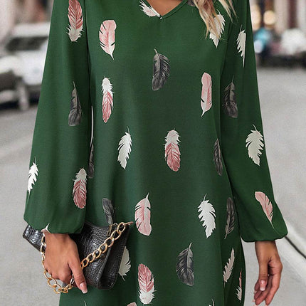 Feather Print V-Neck Dress - MimiStylez
