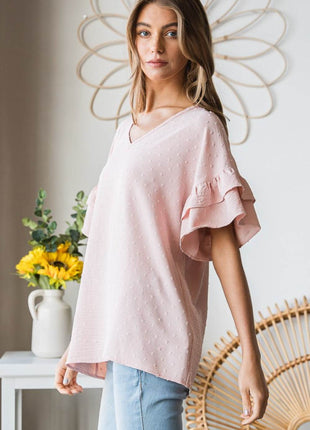 Heimish Full Size Swiss Dot Ruffle Short Sleeve Top - MimiStylez