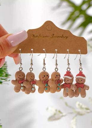 3 Piece Christmas Gingerbread Man Drop Earrings - MimiStylez