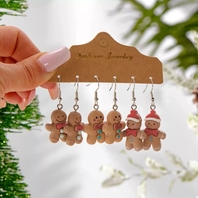 3 Piece Christmas Gingerbread Man Drop Earrings - MimiStylez