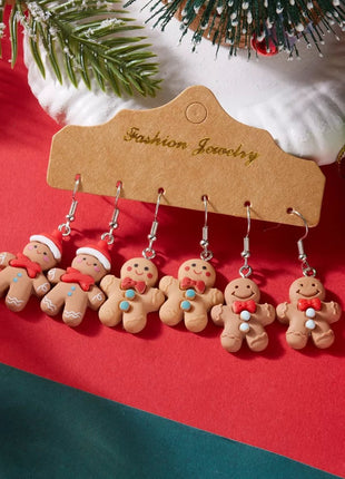3 Piece Christmas Gingerbread Man Drop Earrings - MimiStylez