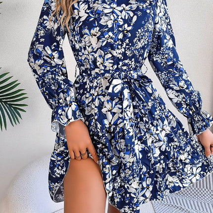 Printed Mock Neck Flounce Sleeve Mini Dress - MimiStylez