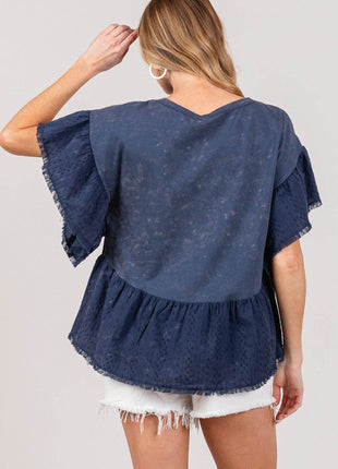 SAGE + FIG Ruffle Sleeve Washed Short Sleeve Blouse - MimiStylez