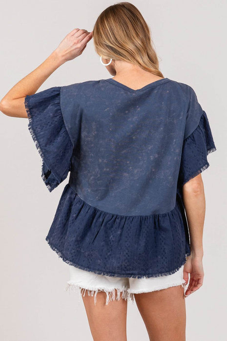 SAGE + FIG Ruffle Sleeve Washed Short Sleeve Blouse - MimiStylez