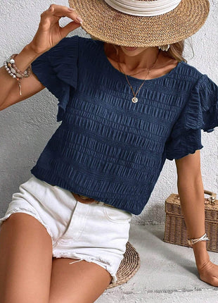 Round Neck Flounce Sleeve Blouse - MimiStylez