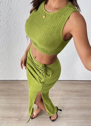 Perfee Texture Cropped Tank and Ruched Skirt Set - MimiStylez