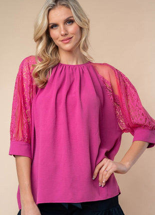 White Birch Round Neck Lace Half Sleeve Blouse - MimiStylez
