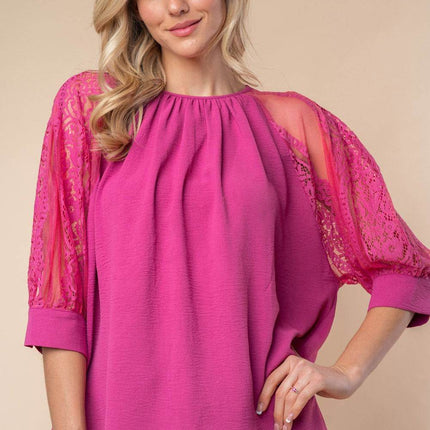White Birch Round Neck Lace Half Sleeve Blouse - MimiStylez